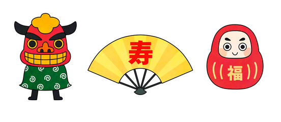 Japanese New Year Illustration Set with Shishimai, Lucky Fan, and Daruma