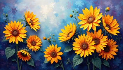 Abstract Impressionistic Swirls of Sunflower Yellow and Sky Blue Paint An abstract, impressionistic painting featuring dynamic swirls and blends of rich sunflower yellow and vibrant sky blue. Fluid