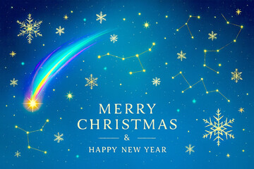 Celestial Christmas and New Year greeting with shooting star and snowflakes—festive background for holiday cards, winter celebrations, and seasonal design projects