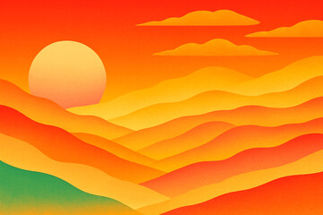 Abstract sunset landscape with glowing sun, layered hills, and warm gradient sky—vibrant background for nature-inspired, artistic, and tranquil design applications