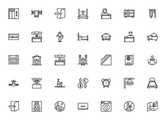 Hotel icon set. Vector illustration featuring lift, owel, check in, wifi, recetion, safe box, key card, ed, bathtub, breakfast andmore. Minimalist travel sybols.