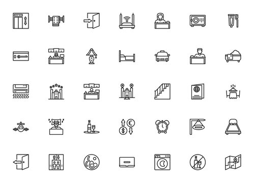 Hotel icon set. Vector illustration featuring lift, owel, check in, wifi, recetion, safe box, key card, ed, bathtub, breakfast andmore. Minimalist travel sybols.