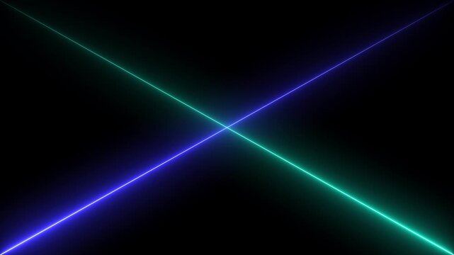 glowing horizontal neon lines streaming across on the screen. Straight neon laser line  black background