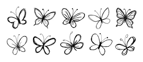 Grunge Hand-Drawn Butterfly Outline Set in Black Ink. Collection of ten unique hand-sketched butterfly outlines in a grunge style. Perfect for creative, nature-themed, or decorative. Vector set