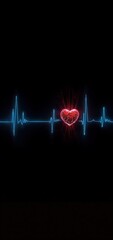 A glowing red, cracked heart pulses at the center of a blue electrocardiogram line against a black background  symbolizing broken love or emotional distress in rhythm with lifes beat.