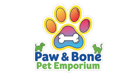 Paw & Bone Pet Emporium Logo - A Playful and Colorful Emblem for a Pet Supply Store Featuring a Paw Print and Bone Design
