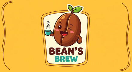 Beans Brew Adorable Coffee Bean Character with a Delightful Cup, Perfect for Cafes and Coffee Shops!
