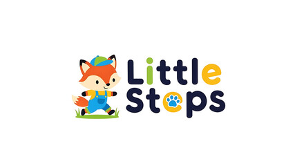 Charming and playful cartoon fox mascot illustration for a children's brand, featuring a joyful running character and vibrant, friendly typography with a paw print detail