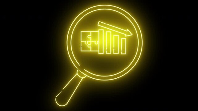 Yellow neon outline of magnifying glass jigsaw puzzle bars declining with arrow on black backdrop
