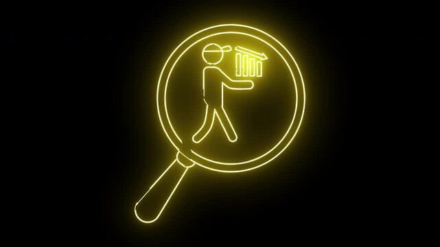 Yellow neon outline of person holding graph under magnifying glass on black background