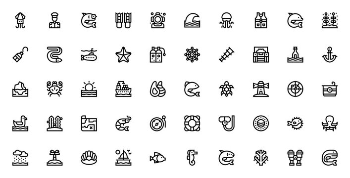 Ocean icon set. Marine vector illustrations. Include squid, dolphin, shark, whle, octopus, seahorse, corl, anchor, lighthouse, saiboat, submarine, treasure hest and more. Editable stoke.