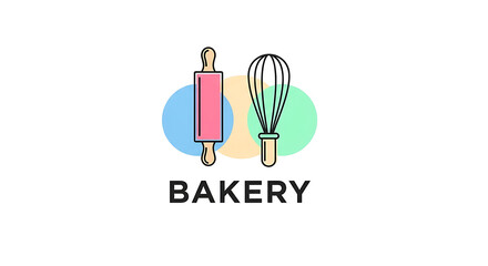 Iconic Bakery Logo Design Featuring a Rolling Pin and Whisk with Soft Colorful Circles, Perfect for Branding a Culinary Business