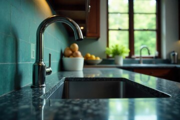 Sparkling clean kitchen surfaces, gleaming appliances, and organized countertops reflecting pristine order. A high angle, wide shot of a modern kitchen countertop. The stainless steel sink and faucet