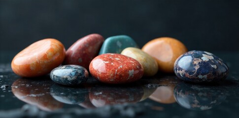 Abstract arrangement of polished stones and natural elements on a smooth, reflective surface. An abstract, balanced arrangement of smooth, polished natural stones and delicate organic elements on a