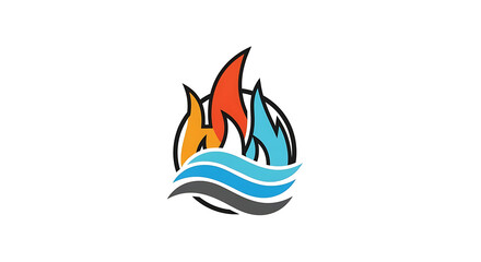 Dynamic logo design featuring a harmonious blend of stylized fire flames and flowing water waves, symbolizing energy, balance, and essential natural elements for various industry applications