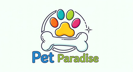 Adorable pet paradise emblem with a colorful dog paw and bone icon, ideal for pet grooming, a store, or veterinary services