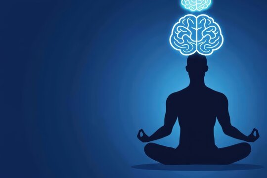 Meditative Silhouette with Glowing Brain Concept for Mental Clarity and Mindfulness in Blue Background - Powered by Adobe