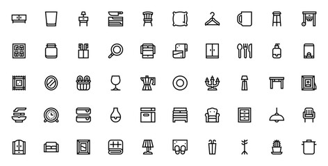 Homeware icon set. Minimalist vector illustrations. ncludes symbols for sofa, hair, table, bed, lamp, vae, cupboard, kitchenware ad more. Editable stroke.