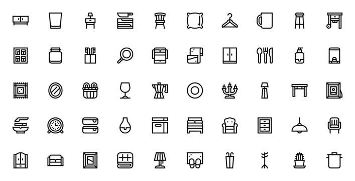 Homeware icon set. Minimalist vector illustrations. ncludes symbols for sofa, hair, table, bed, lamp, vae, cupboard, kitchenware ad more. Editable stroke.