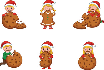 Children in Santa hats playing with giant Christmas cookies and gingerbread, festive holiday vector illustration showing joyful seasonal celebration fun