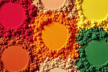 Textured Makeup Powders and Glitter Sprinkled in Elegant, Geometric Patterns A top down, studio shot of finely milled makeup powders and sparkling glitters arranged into precise geometric patterns,