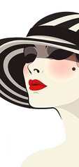 A stylized, minimalist illustration of a woman in profile wearing a black-and-white striped hat, with bold red lips and soft blush on her cheekevoking classic glamour and elegance.