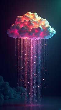 A surreal, glowing cloud floats in a starry night sky, pouring down cascades of vibrant rainbow light like liquid colorpink, purple, teal and goldas if magic is raining from the heavens.