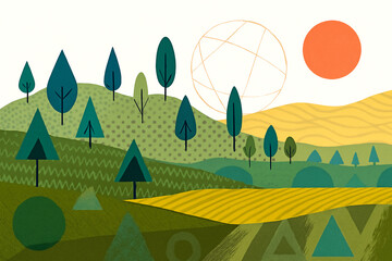 landscape with trees - Abstract Geometric Landscape with Trees, Hills, Sun, and Sphere – Stylized Nature Scene in Green, Yellow, and Orange Tones on White Background