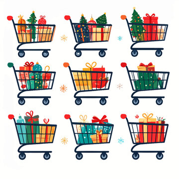Christmas Sale & Shopping Elements Festive shopping carts filled with holiday gifts and presents