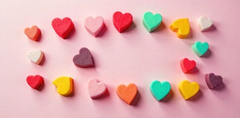 Colorful candy hearts arranged in a circular pattern, symbolizing unity, connection, and the sweet cycle of love. A vibrant collection of colorful candy hearts meticulously arranged in a perfect
