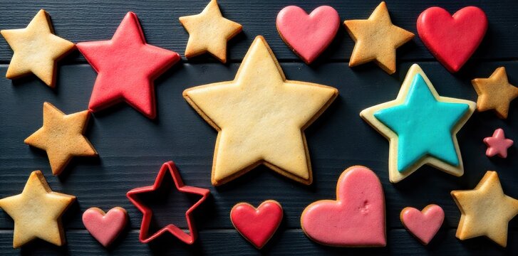 Whimsical cookie cutters arranged on a rustic wooden surface, evoking a sense of homemade baking and creativity. Overhead shot of a collection of whimsical cookie cutters, including stars, hearts,