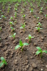 Overhead view of young, delicate seedlings sprouting from dark, moist soil, symbolizing new beginnings and growth. High angle view looking down at freshly tilled, dark, moist soil where numerous tiny,