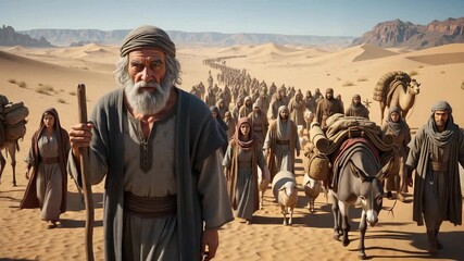 Biblical depiction of the exodus with Moses leading the Israelites. A large group of people walking on a long journey through the desert. Ancient historical migration and story of faith - Powered by Adobe