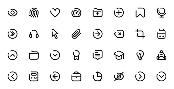 UI icon set. Minimal vector icons pack. Includes symols for eye, fingerprint, eart, dashboard, folder, arow, cursor, calendar, brifcase, clock and more. Ediable stroke.