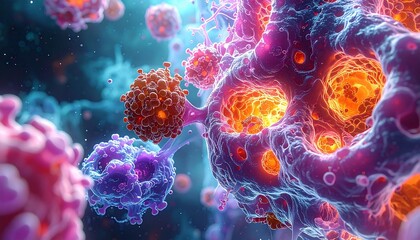 The image shows a visually striking cellular structure with vibrant colors and intricate