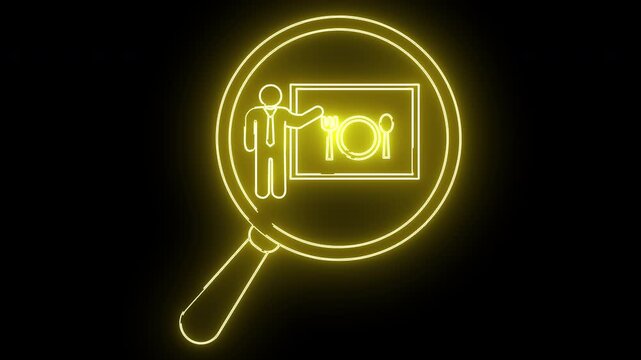A luminous yellow neon graphic shows a person presenting a food plate behind a magnifying glass against a black backdrop