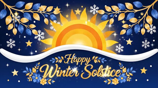 A festive Happy Winter Solstice greeting banner featuring a brilliant sun rising over a starry sky with elegant golden and blue foliage, perfect for a 4k video animation