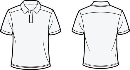 Polo shirt, front and back view, short sleeve, button placket, seam detail, curved hem, fashion flat, garment sketch, CAD drawing, vector illustration