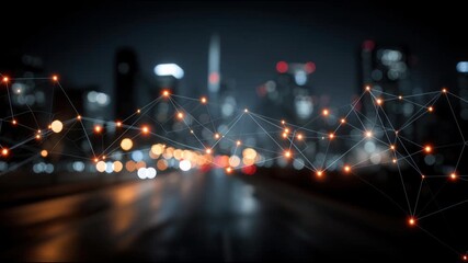 Nighttime urban cityscape illuminated with lights representing the vibrant integration of ai in business solutions. Futuristic Digital Network Over City – Animated Video Version - Powered by Adobe