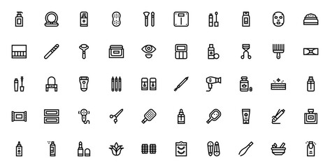 Beauty icon set. Cosmetics vector pack. Minimal lineicons collection. Includeslotion, powder, foundation shampoo, lipstick, mascar, skincare, perfume and moe. Editable stroke.