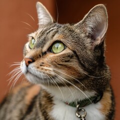 Captivating Portrait of a Stunning Tabby Cat with Striking Green Eyes and a Playful Expression, Perfectly Framed Against a Warm Background