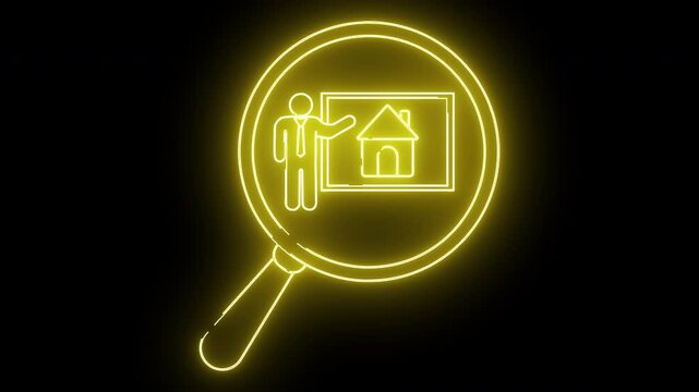 A neon yellow magnifying glass highlights a person presenting a house on a board - Powered by Adobe