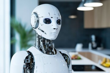 Fototapeta premium Modern robot with intricate design in contemporary kitchen setting, showcasing technology and innovation in daily life