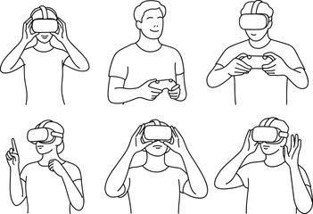 Virtual reality interaction, VR headset users, black and white line drawing, immersive experience, gaming, gesture sketch, technology illustration, controller
