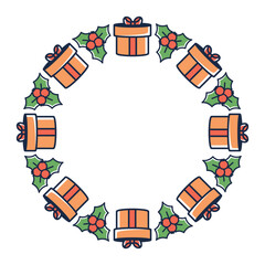 Simple Christmas circle frame. Cute holiday wreath on white background. Round border design with xmas icons. Vector illustration for winter decorations, banners, stickers, advertising, Christmas sales