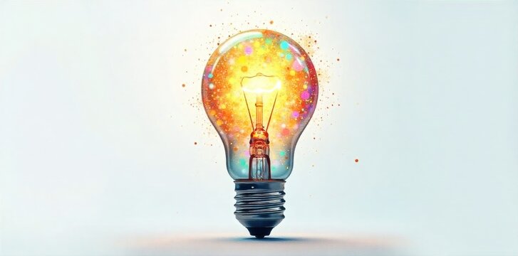 A stylized, minimalist illustration of a lightbulb bursting with colorful abstract particles, representing creative sparks and idea generation. Stylized, minimalist illustration of a lightbulb with a