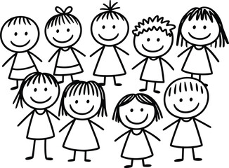 Happy children illustration, black and white cartoon drawing, diverse hairstyles, stick figure kids, minimalist sketch, playful character set