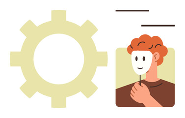 Gear and person holding a mask emphasize self-identity, authenticity, work-life dynamics, personal growth. Ideal for teamwork, leadership, psychology, mental health, self-improvement productivity