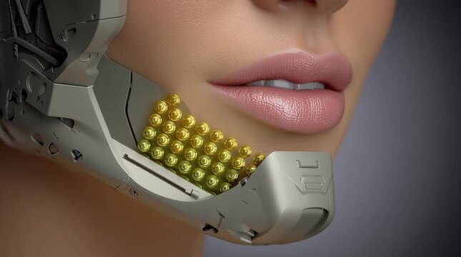 Close up of a woman's face with a futuristic robotic jaw and golden spherical implants visible
