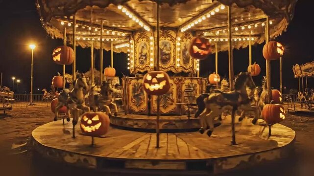 an antique carousel turning itself while pumpkin mounts creak under lamplight, distant slowed carnival organ underscoring the lonely halloween scene
